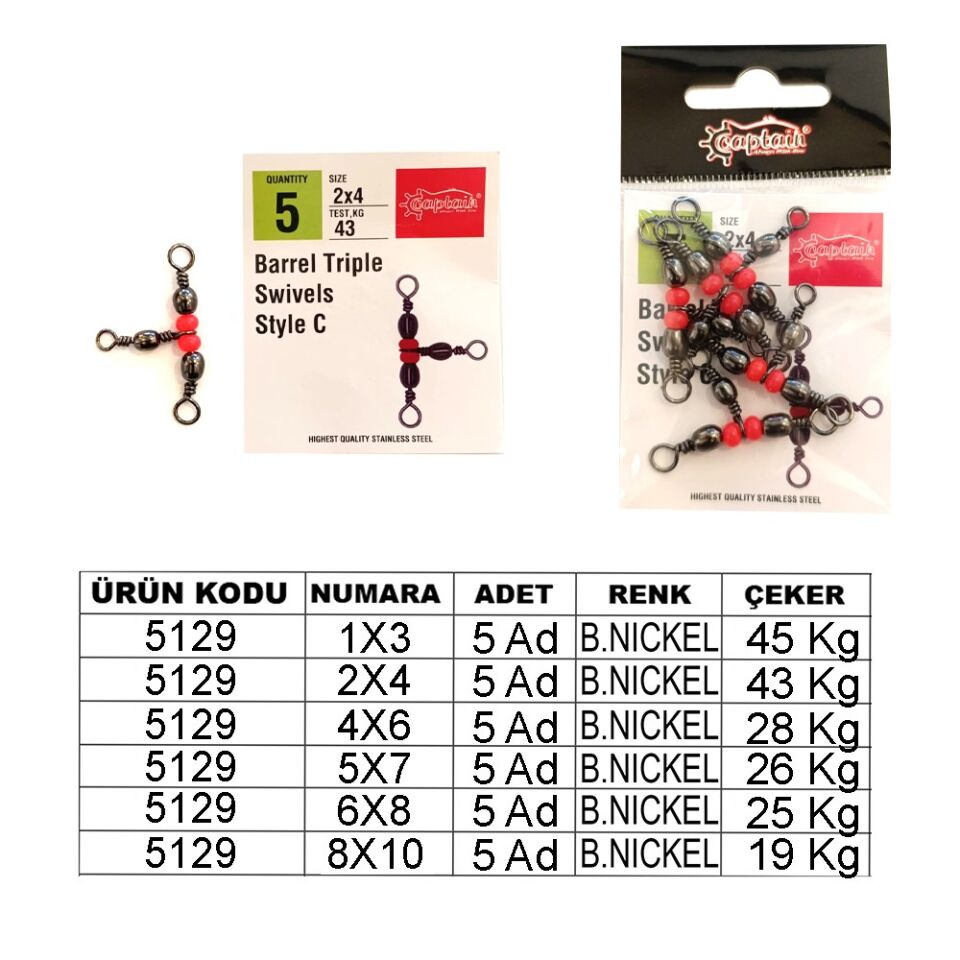 Captain 5129 Üçlü Boncuklu T Fırdöndü 6lı Paket Black Nikel