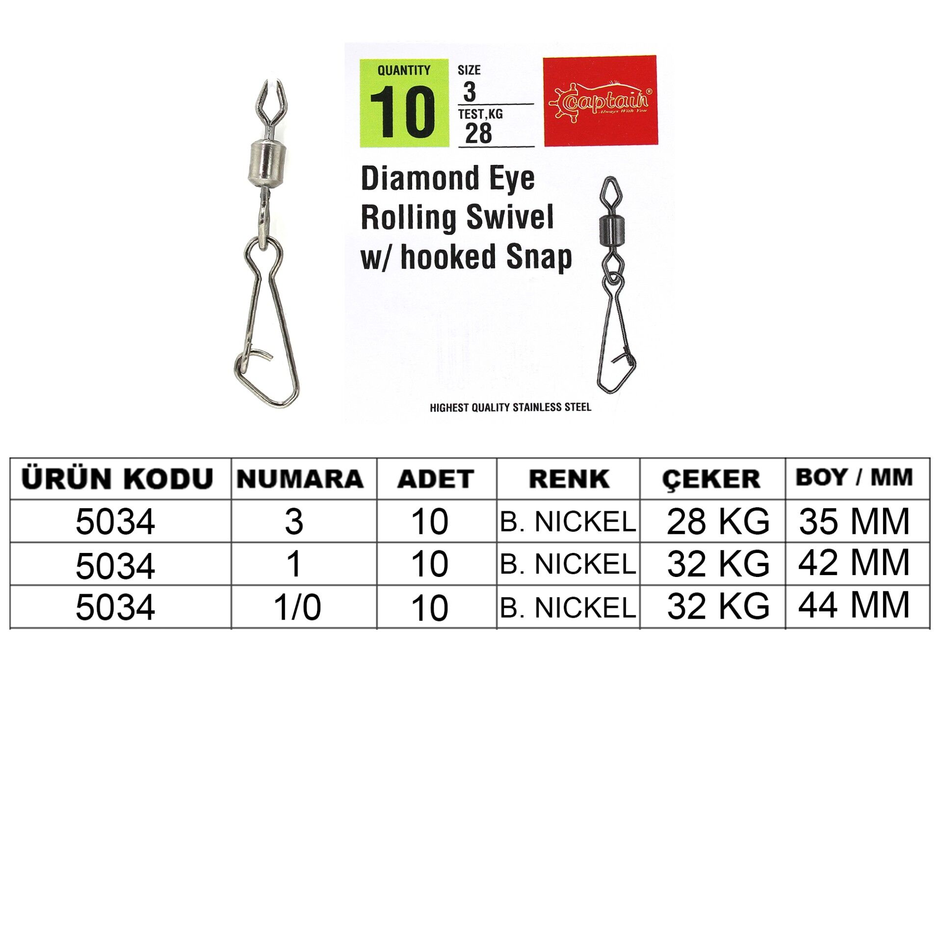 Captain 5034 Diamond Hoked Klips 10lu Paket Black Nikel